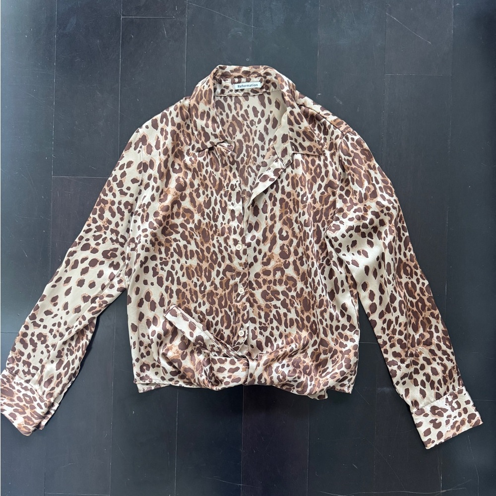 Reformation Brown Leopard Print Button Down Shirt